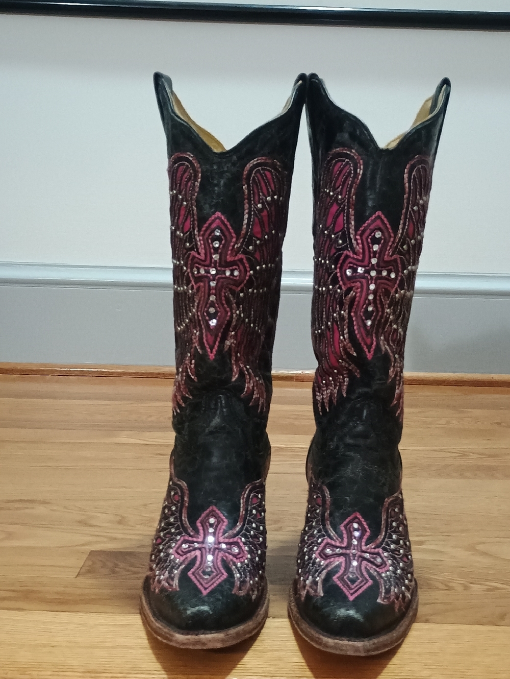 Women's Black and Pink Embroidered Heeled Cowboy Boots